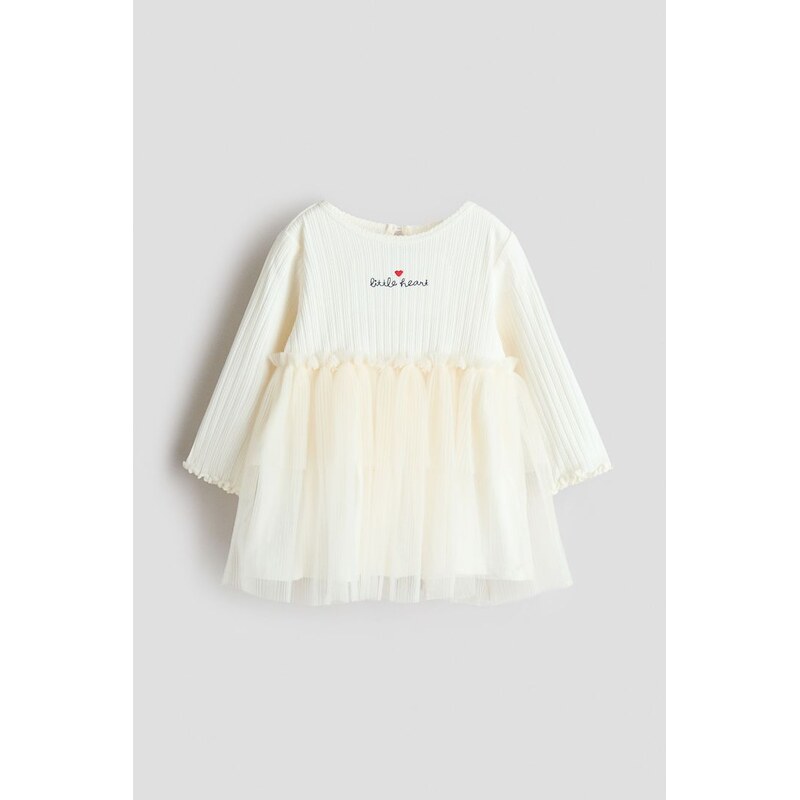 H&M - Tylové šatys ažurovou sukní - Krémová/Little Heart