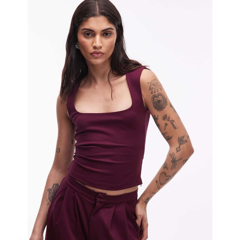 ASOS DESIGN co-ord ponte round neck top in berry-Red