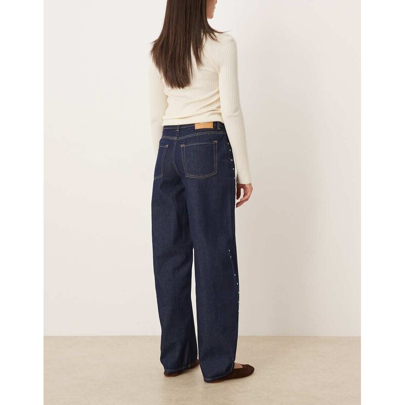 JJXX Fuji barrel jeans with stud detailing in dark wash-Navy