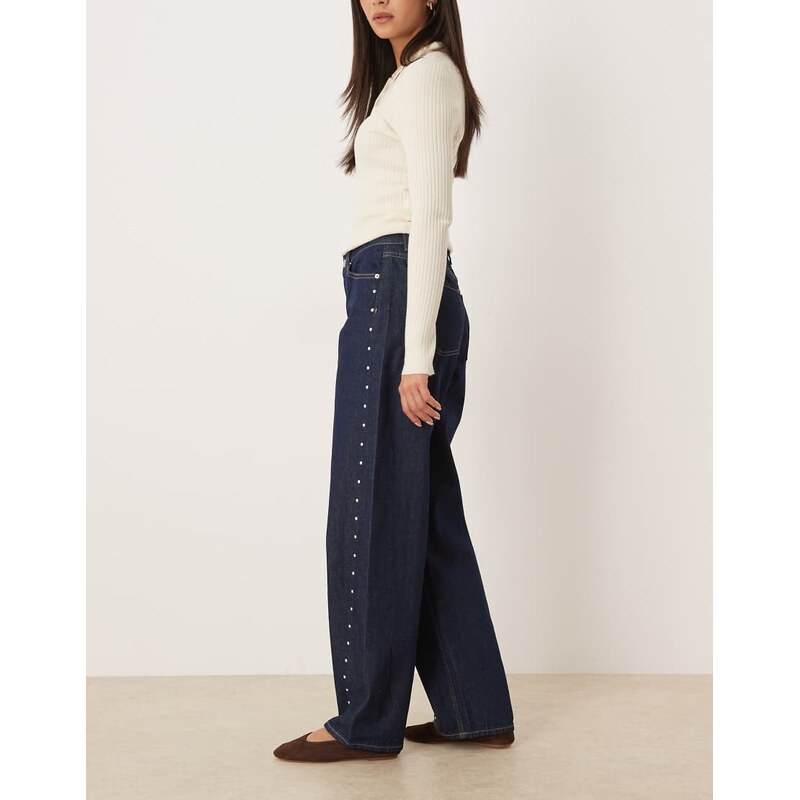 JJXX Fuji barrel jeans with stud detailing in dark wash-Navy