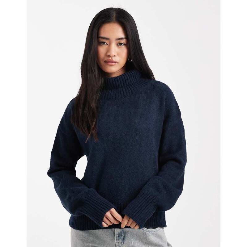 ASOS DESIGN knitted funnel neck jumper in navy