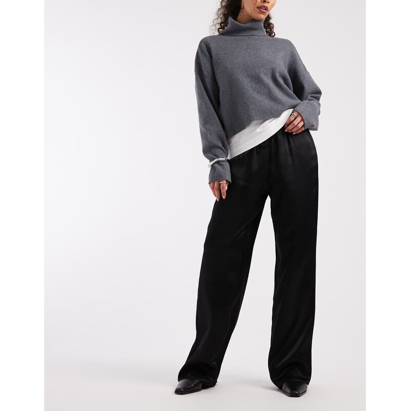 ASOS DESIGN satin wide leg pull on trouser in black 112253269
