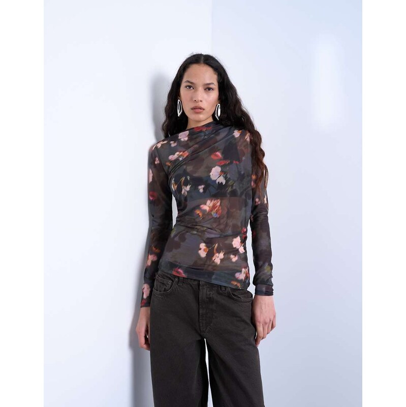 Topshop mesh floral print ruched long sleeve top in black