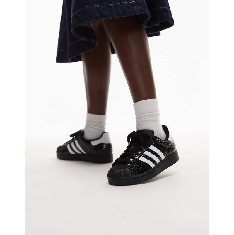 adidas Originals Superstar II croc print trainers in metallic black