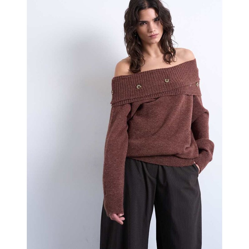 Topshop knitted off shoulder button detail top in brown 112253265