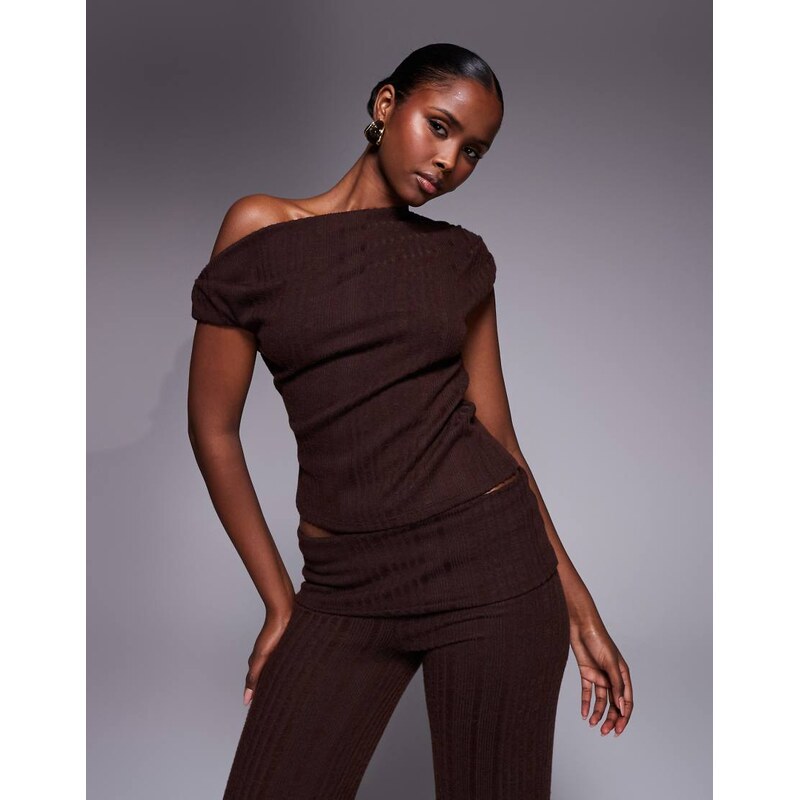 ASOS DESIGN co-ord brushed rib asymmetric top in chocolate-Brown