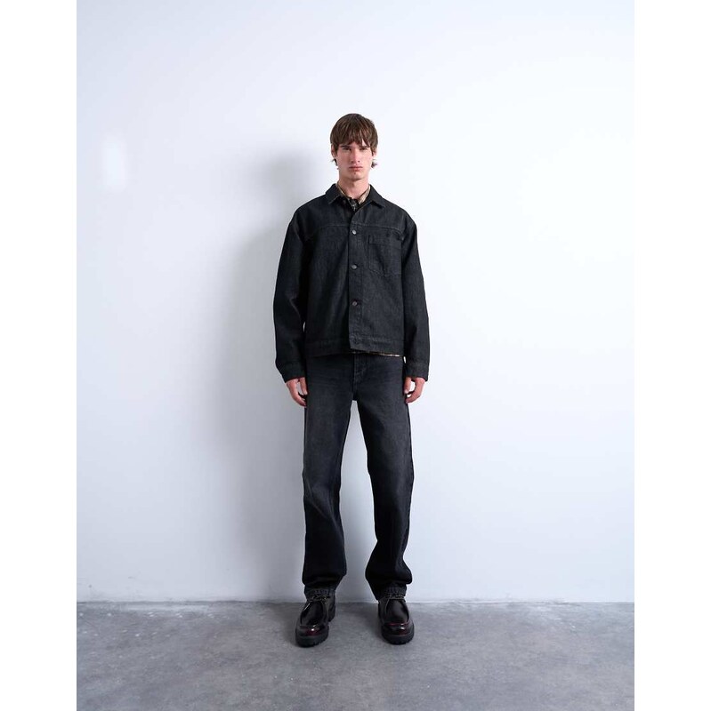 Topman raw denim jacket in black