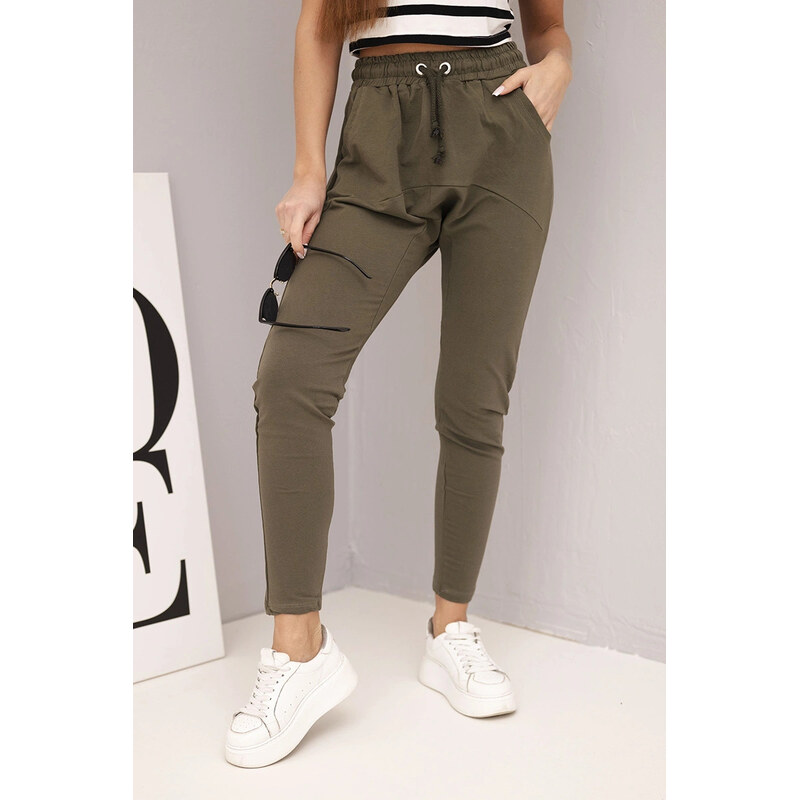 K-Fashion Dámské tepláky s elastickým pasem a šňůrkou khaki