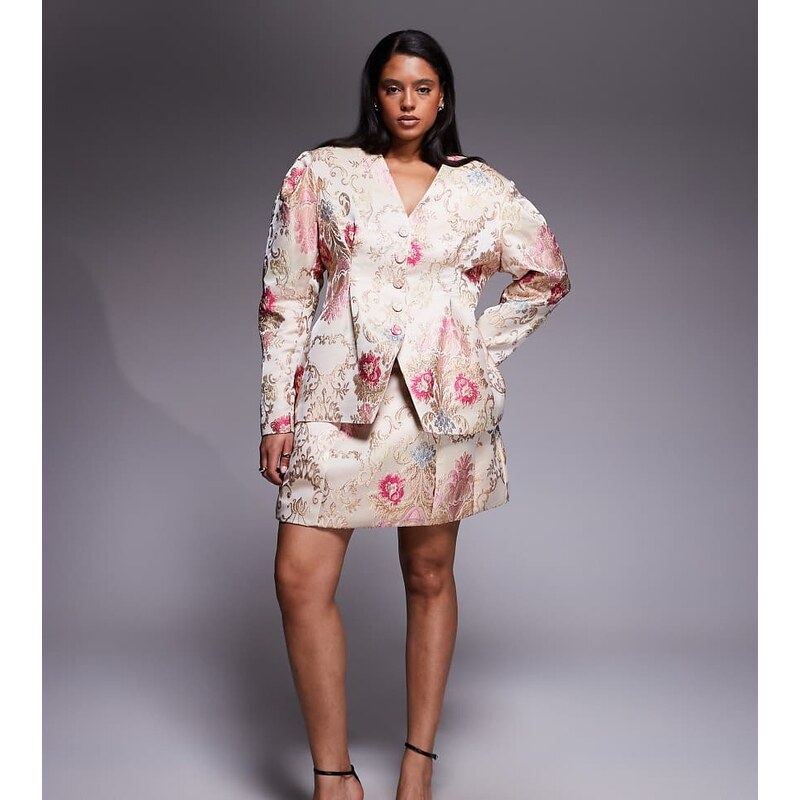 ASOS LUXE Curve co-ord jacquard mini skirt in white floral-Multi 113263375