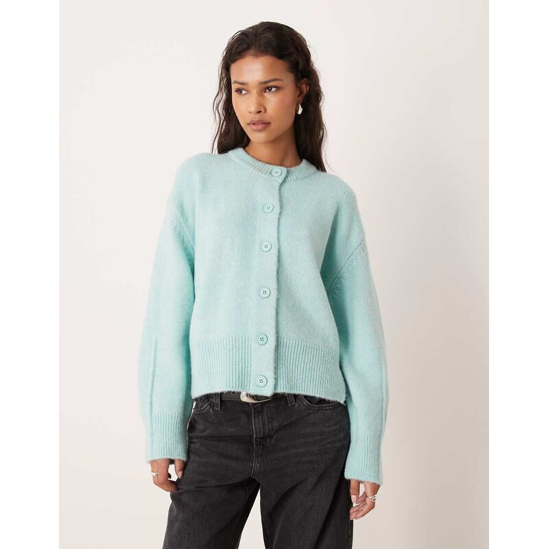 ASOS DESIGN boxy crew neck cardigan with side split detail in duck egg 115520157