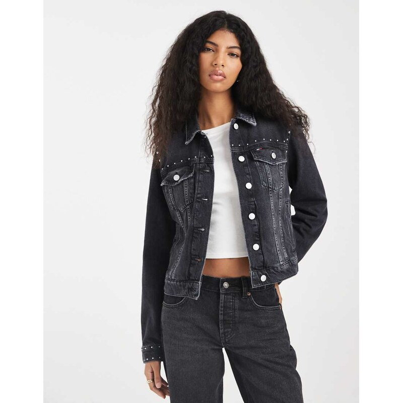 Tommy Jeans studded denim trucker jacket in black wash 112259604