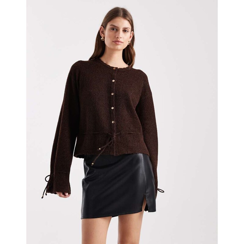 Miss Selfridge cosy peplum hem cardigan in chocolate-Brown
