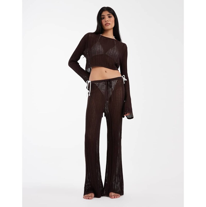 ASOS DESIGN Polly pointelle knitted beach trouser in chocolate