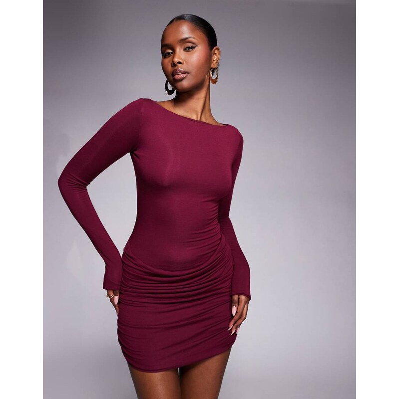 Oh Polly slinky boat neck long sleeve ruched skirt mini dress in