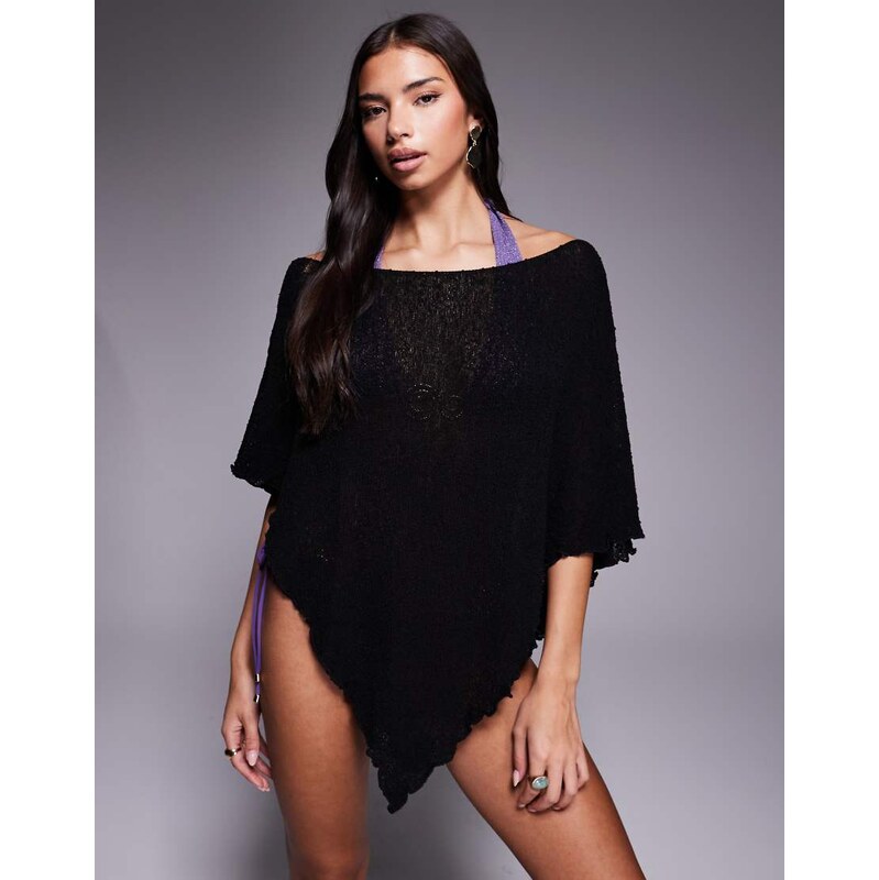 ASOS DESIGN beach knitted poncho in black