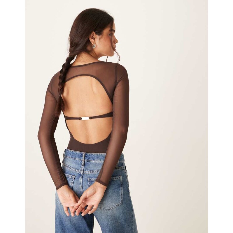 Abercrombie & Fitch long sleeve mesh bra free bodysuit in brown 112278839