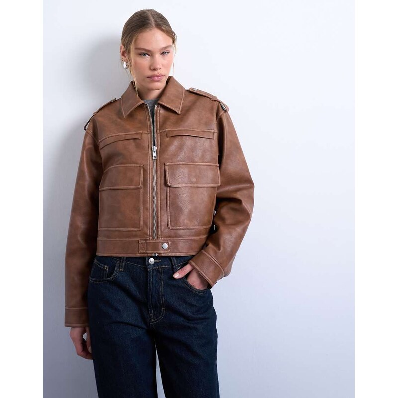 Topshop PU zip through jacket in washed brown