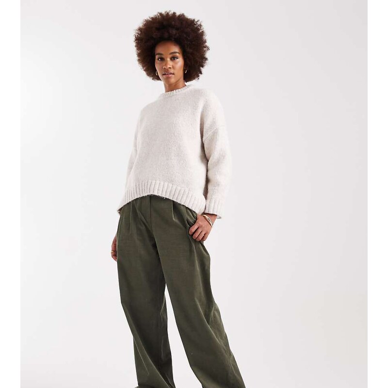 ASOS Tall ASOS DESIGN Tall turn up hem wide leg cord trousers in khaki 115518749
