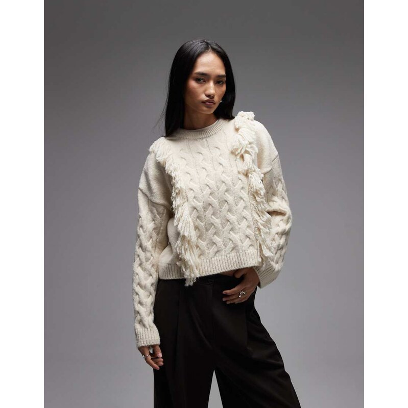 ASOS DESIGN fluffy tassel cable knit jumper in ecru-White
