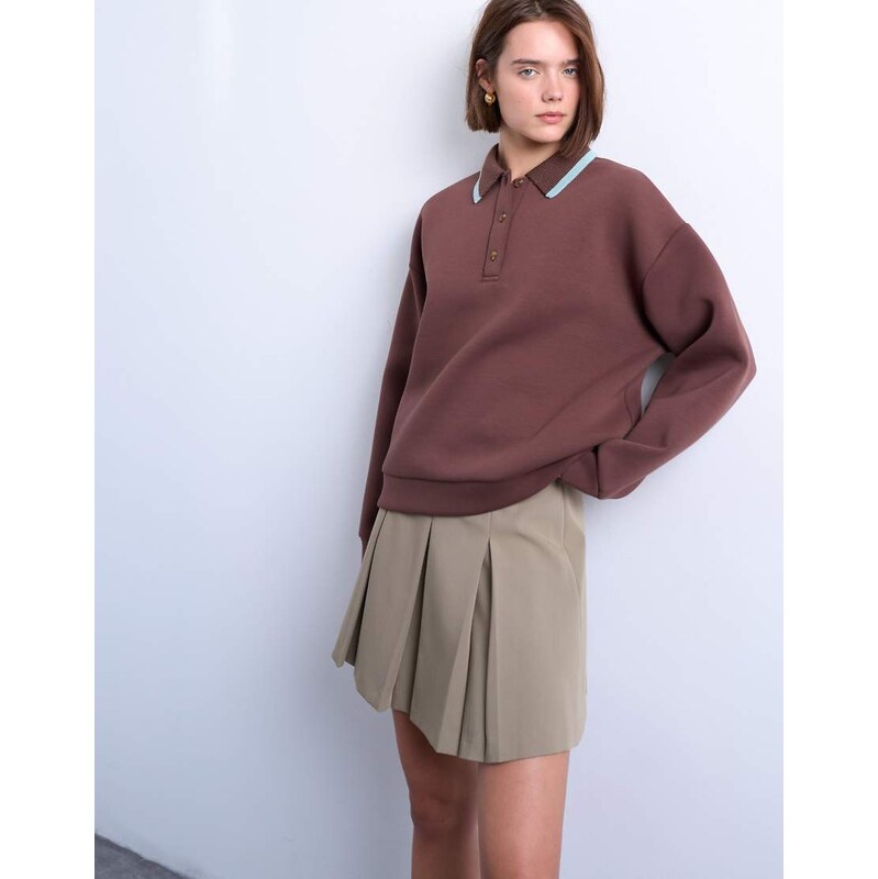 Topshop scuba-style fabric knit collar piped polo sweat in chocolate 112278809