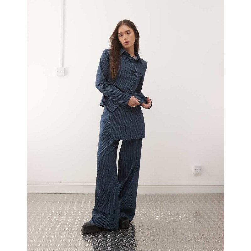 Reclaimed Vintage skirt trousers with split in navy pinstripe