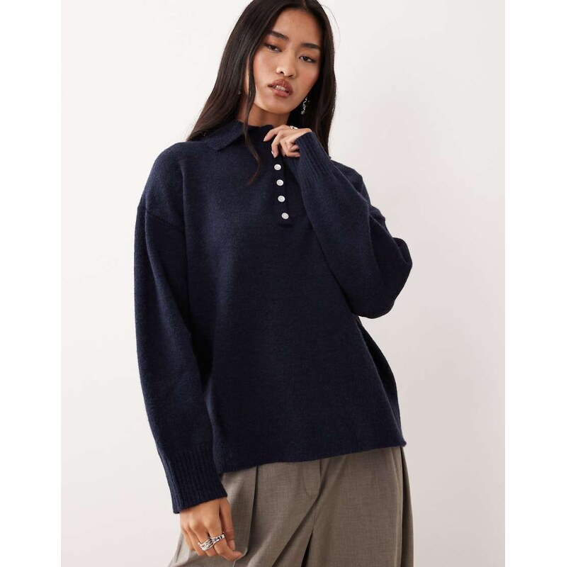 Pretty Lavish knitted polo button placket relaxed jumper in navy