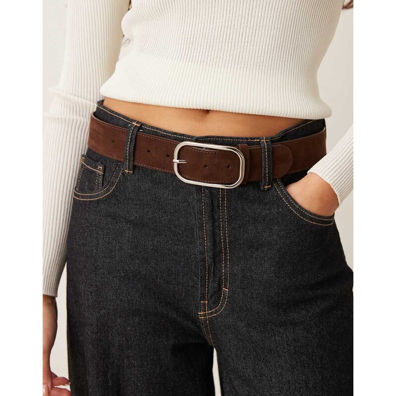ASOS DESIGN dark tan faux suede jeans belt with elongated square 112278841