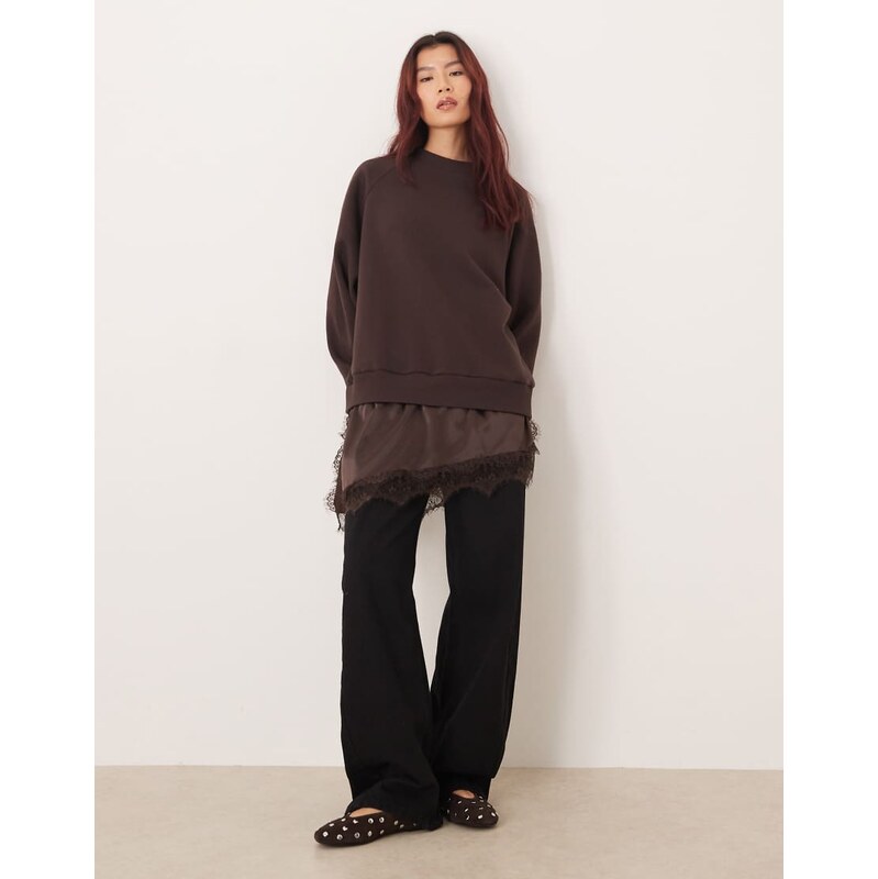 ASOS DESIGN oversized sweatshirt with peek a boo satin and lace mix cami in chocolate-Brown