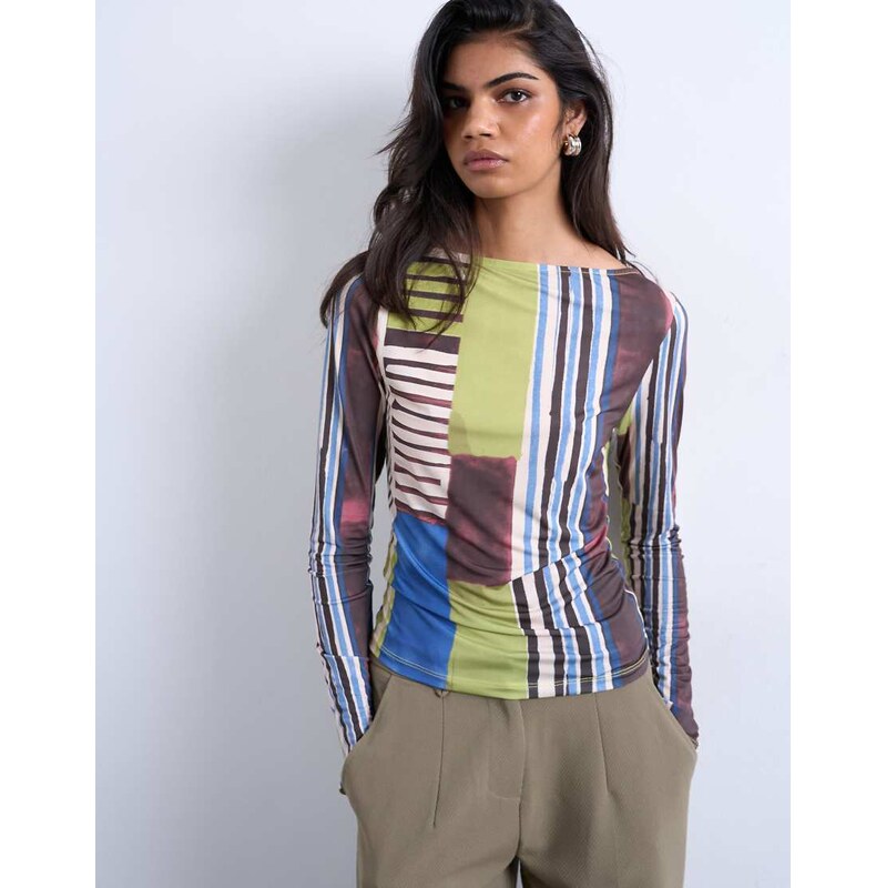 Topshop abstract stripe print microfibre long sleeve top in multi 112279844