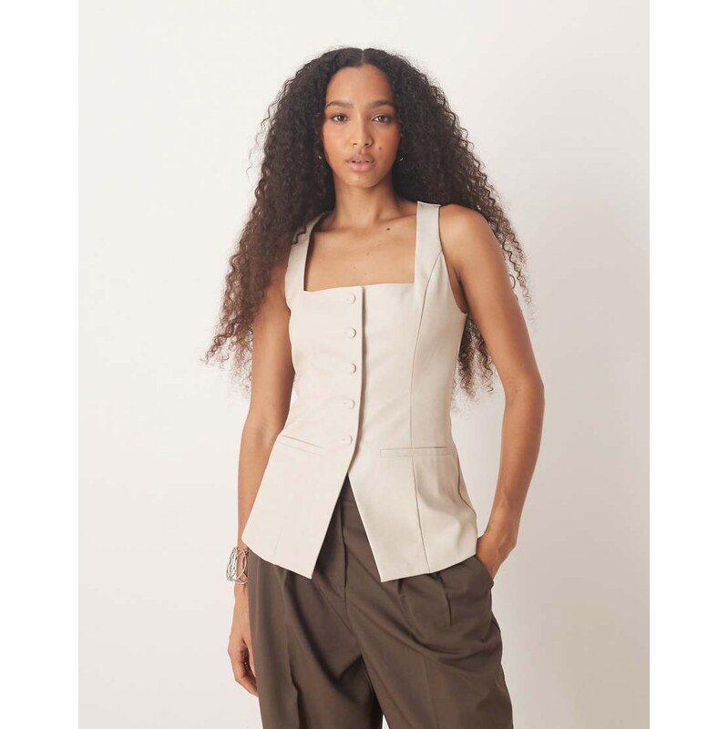 Pretty Lavish leather look longline waistcoat in stone-Neutral 115515874