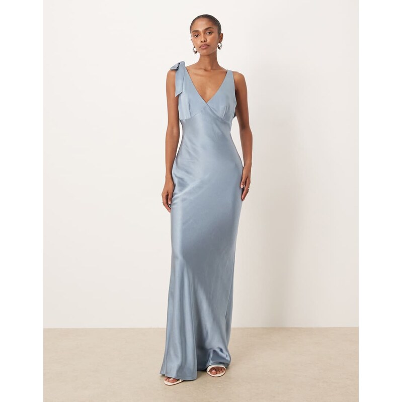 Pretty Lavish Bridesmaid Piper satin bow shoulder v neck maxi dress in 115167020