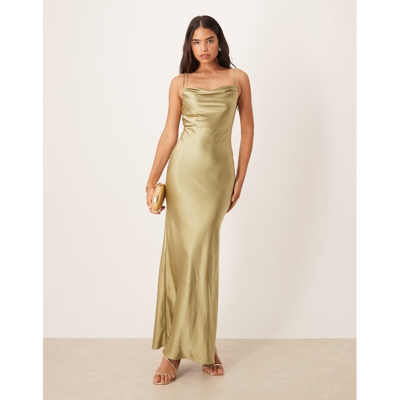 Pretty Lavish Bridesmaid Keisha satin cowl neck maxi dress in olive 112279905