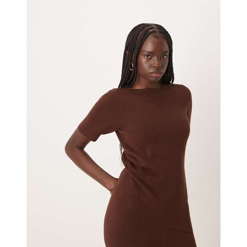 ASOS DESIGN ruched side asymmetric t-shirt co-ord in chocolate