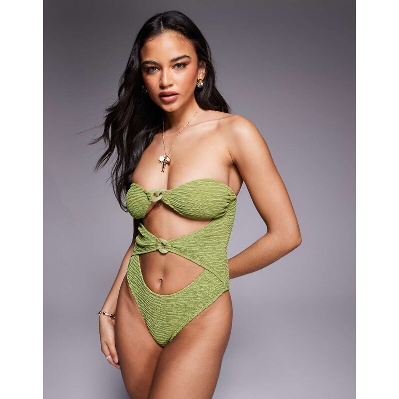 ASOS DESIGN Laurie twist front chain link bandeau swimsuit in lime 115514220