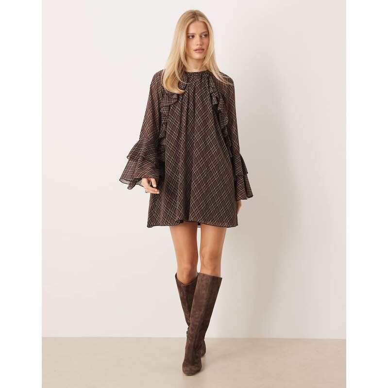 YAS frill trim volume sleeve chiffon mini dress in brown check 112279950