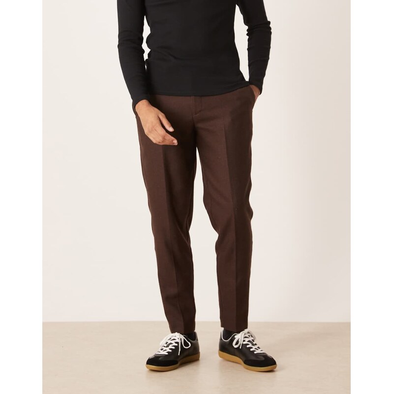 ASOS DESIGN smart tapered wool blend trousers in dark brown