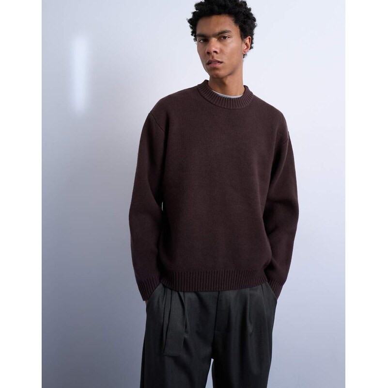 Topman relaxed fit knitted crew neck jumper in brown