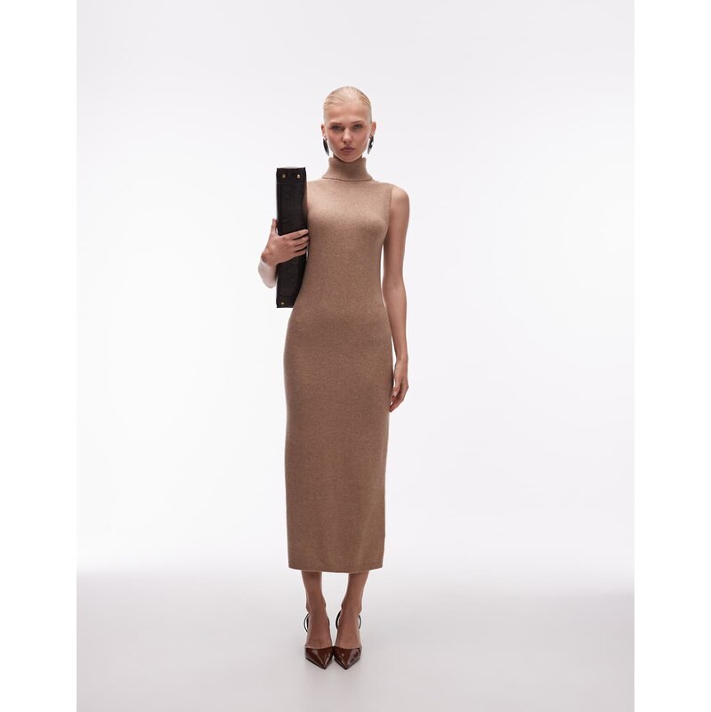 ASOS DESIGN roll neck midweight maxi dress in camel-Brown