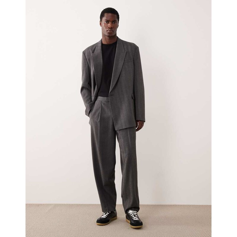 ASOS DESIGN oversized tapered suit trousers in grey herringbone