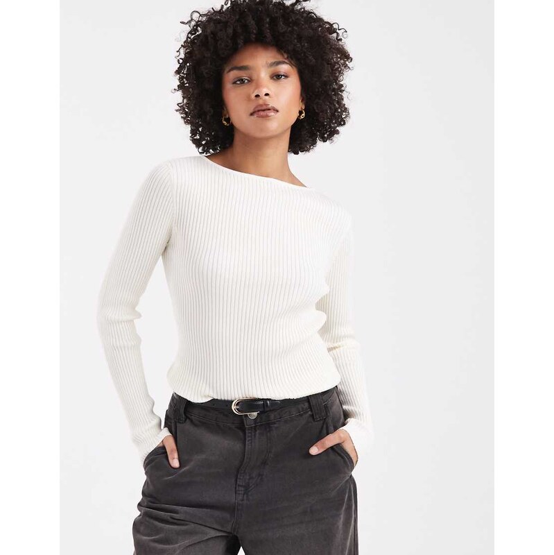 Miss Selfridge knit rib slash neck long sleeve top in cream-White 112931275