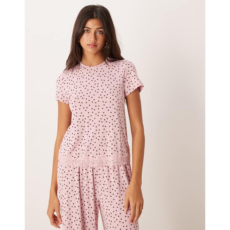 ASOS DESIGN mix & match baby tee with lace trim in pink heart