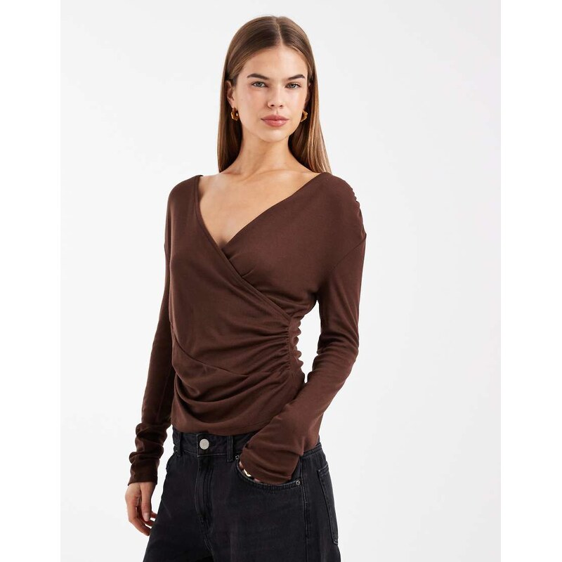 ASOS DESIGN soft jersey drape wrap long sleeve top in chocolate