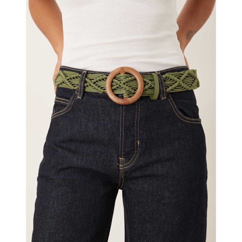 ASOS DESIGN macrame weave belt with buckle in khaki-Green 112286483