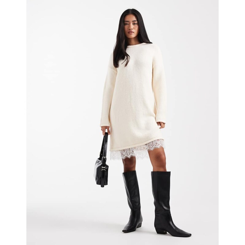 ASOS DESIGN knitted mini dress with lace trim detail in ecru
