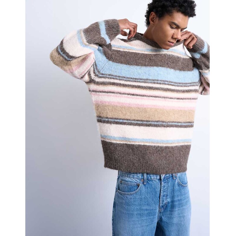 Topman relaxed fit fluffy stripe knitted jumper in brown-Multi