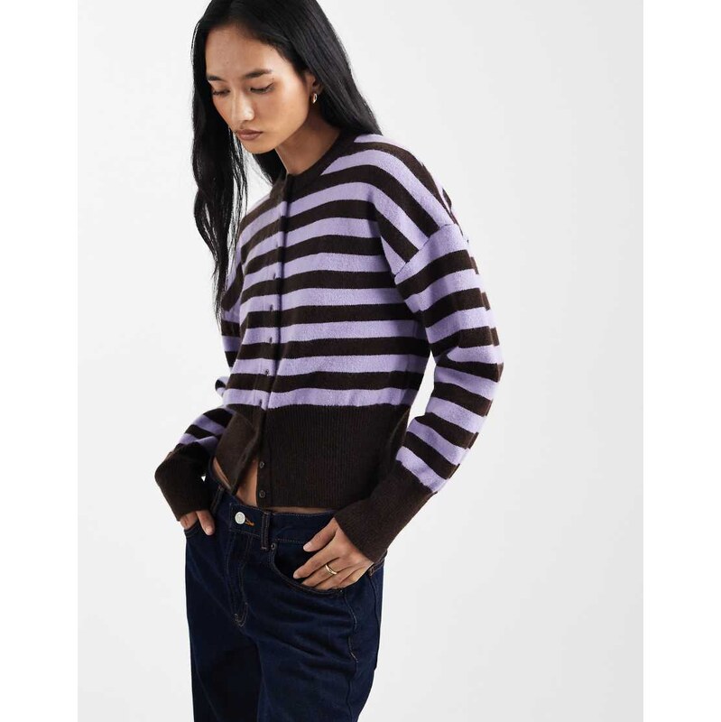 Daisy Street fitted waist cardigan in lilac brown stripe-Multi 112462971
