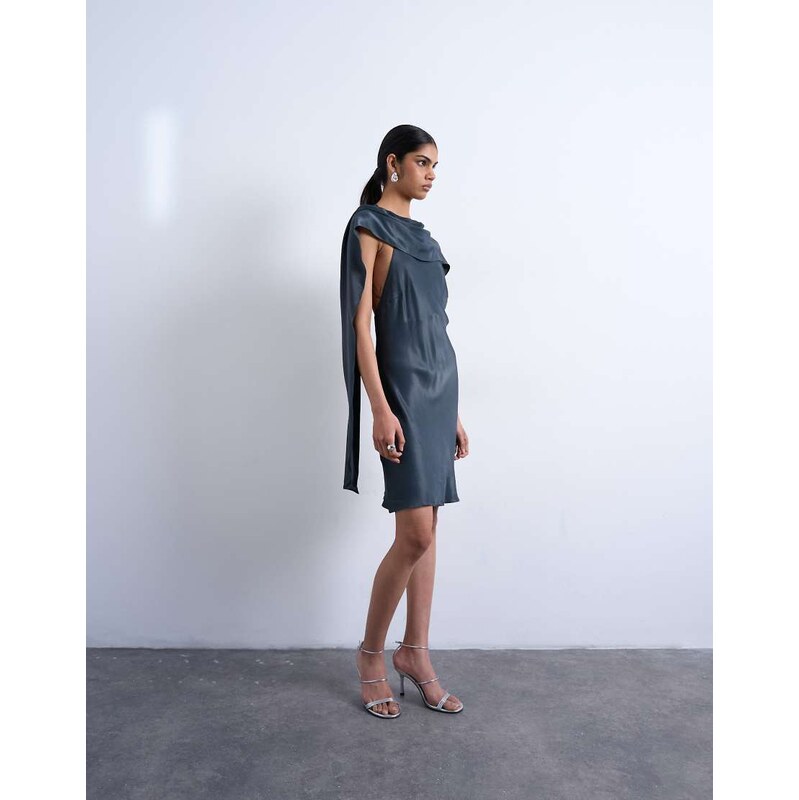 Topshop satin scarf neck mini dress in petrol navy 115515641