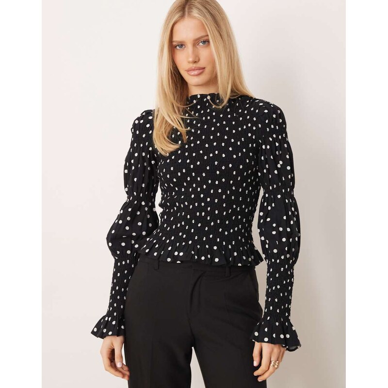 YAS long sleeve high neck smock top in black and white polka dot
