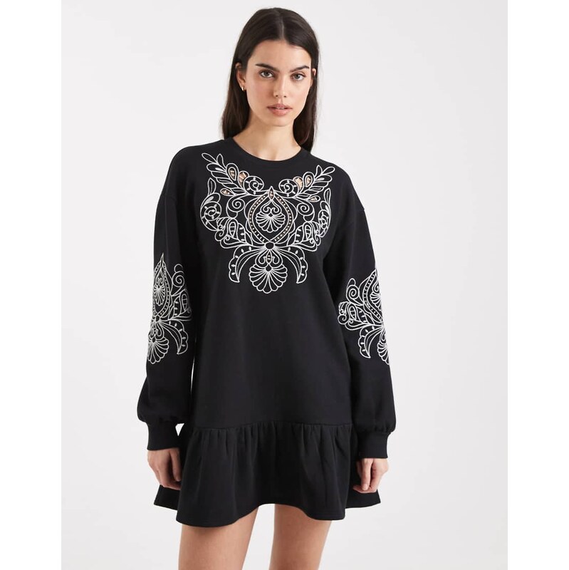 Miss Selfridge cutwork embroidered drop waist sweat dress-Black