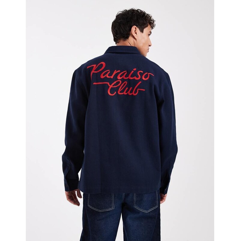 ASOS DESIGN cotton overshirt with back embroidery in navy